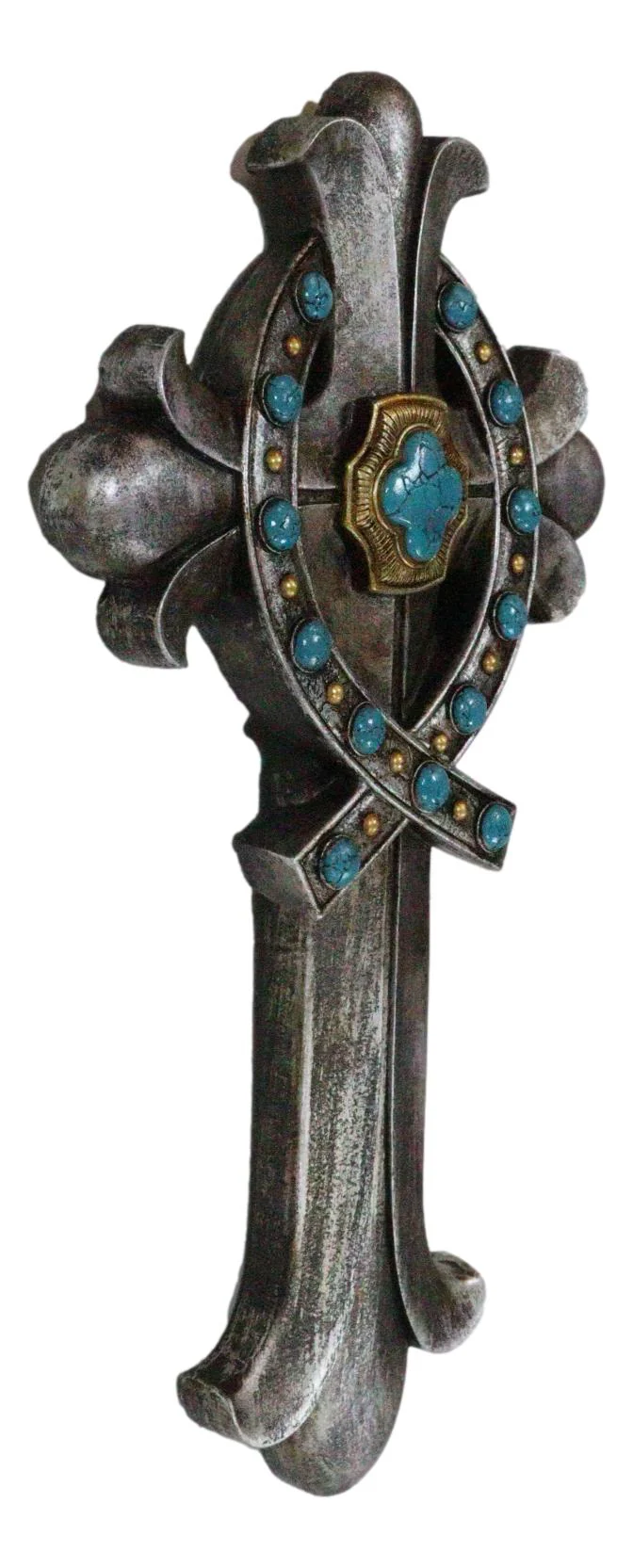 Rustic Silver Finish Fleur De Lis Greek Ichthys Christ Fish Turquoise Wall Cross - Image 6