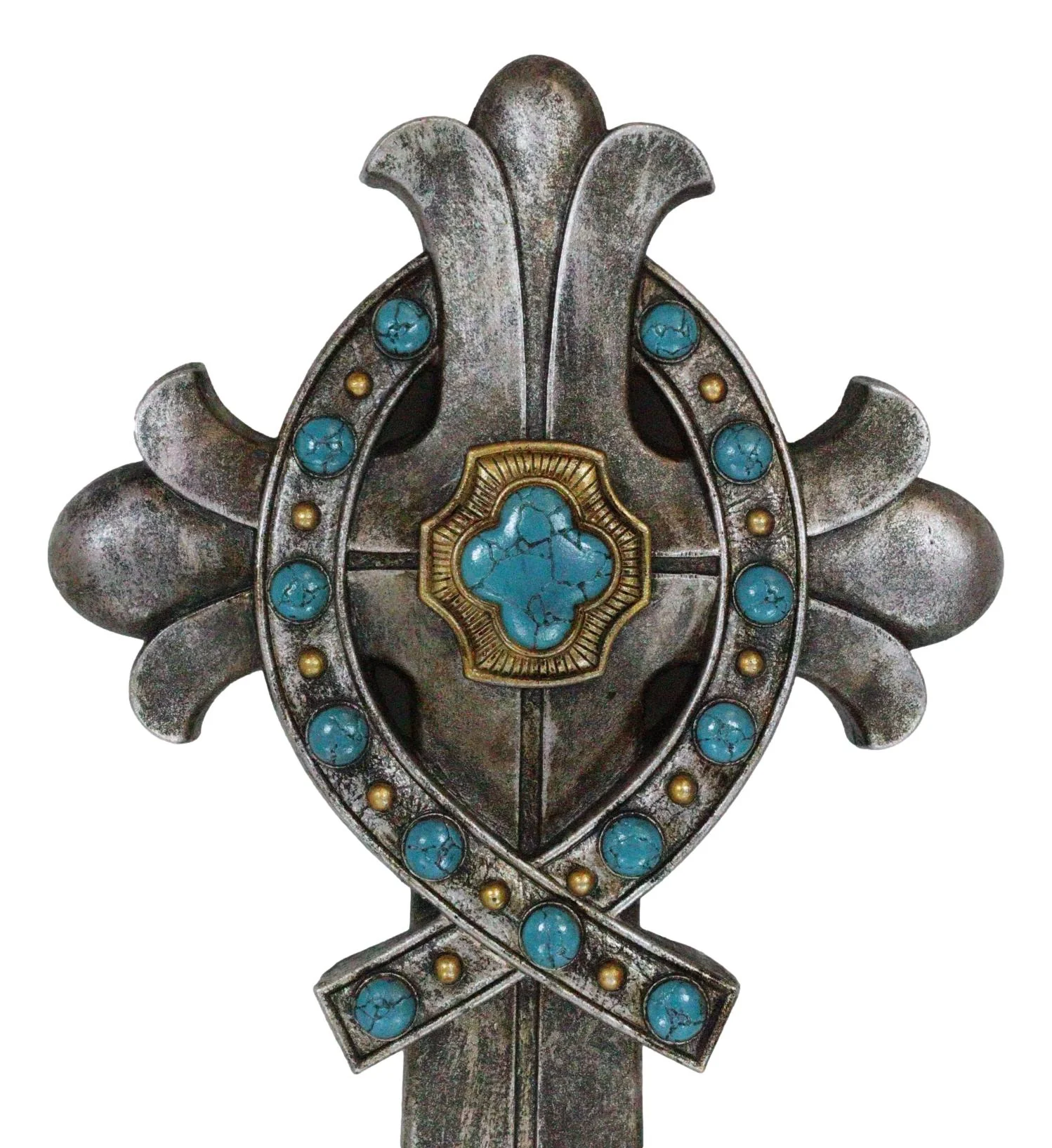 Rustic Silver Finish Fleur De Lis Greek Ichthys Christ Fish Turquoise Wall Cross - Image 7