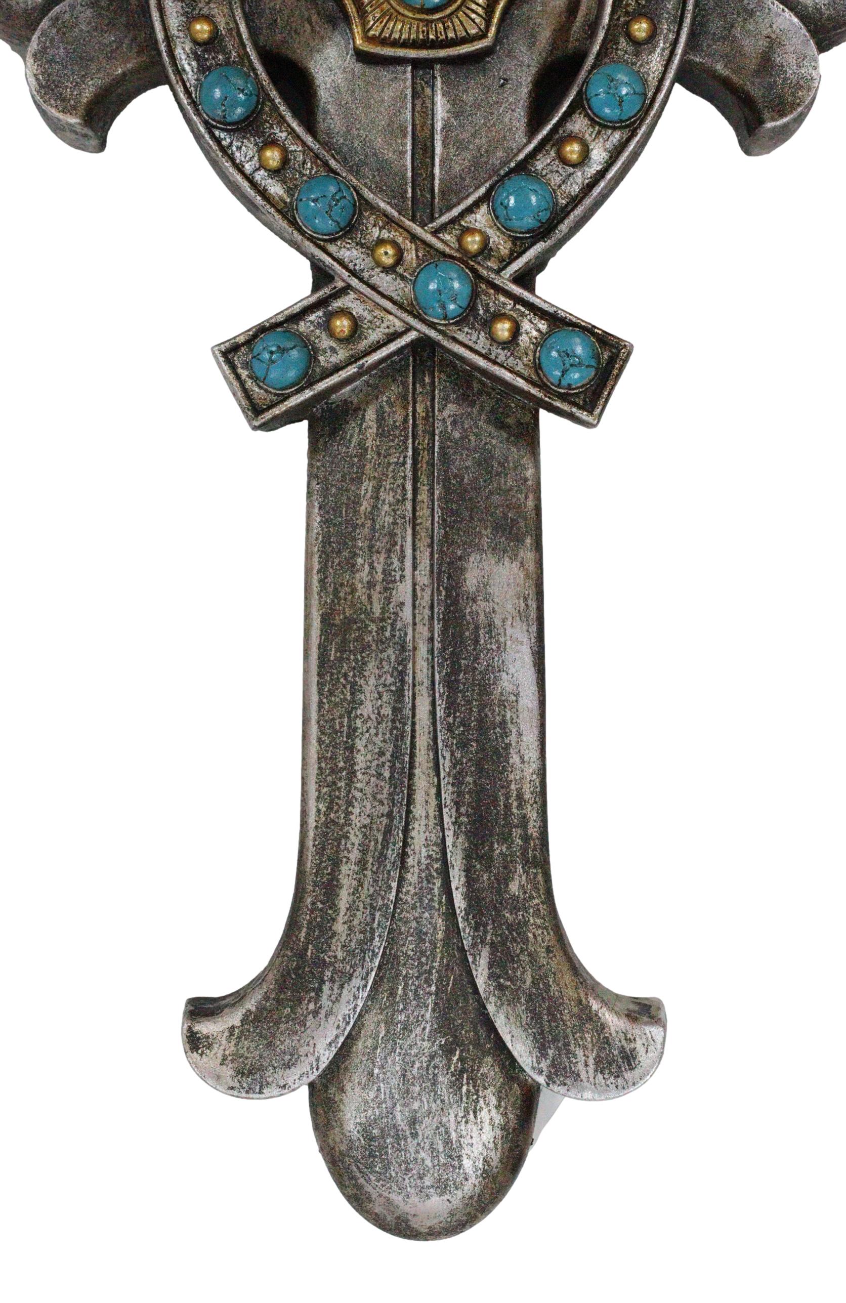 Rustic Silver Finish Fleur De Lis Greek Ichthys Christ Fish Turquoise Wall Cross - Image 9