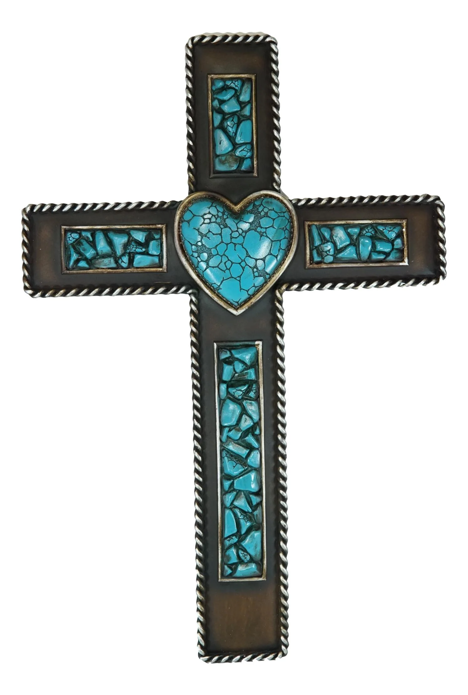 Rustic Southwestern Crushed Turquoise Gemstones with Sacred Heart Wall Cross - Image 3