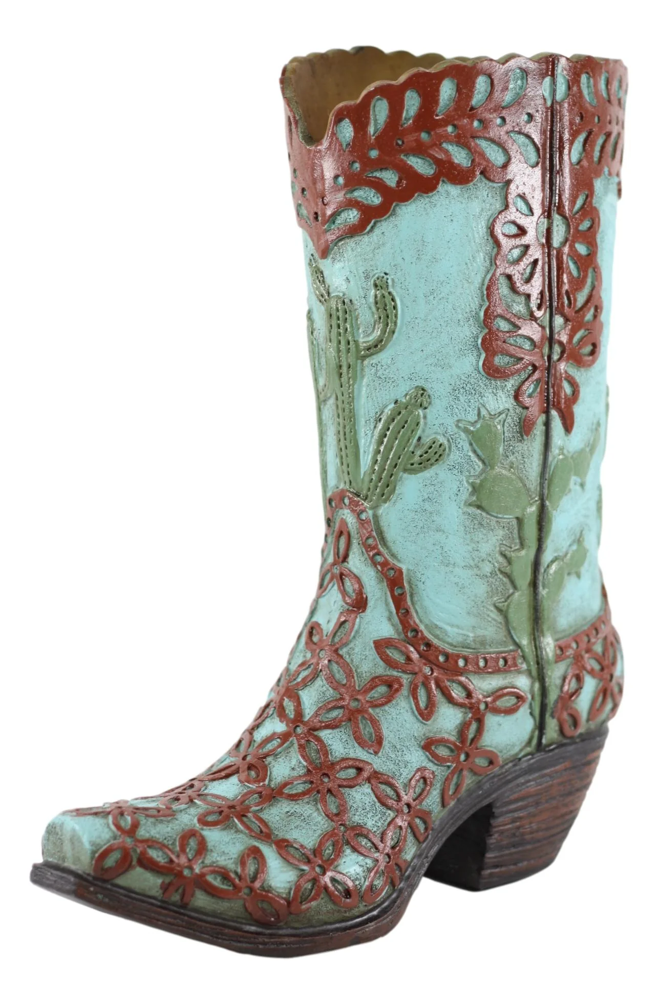 Rustic Southwestern Desert Cactus And Floral Scroll Cowboy Boot Figurine Or Vase - Image 2