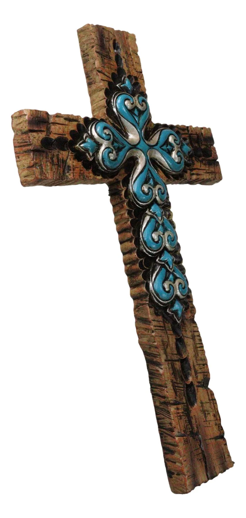 Rustic Southwestern Faux Wooden Turquoise Fleur De Lis Scrollwork Wall Cross - Image 5