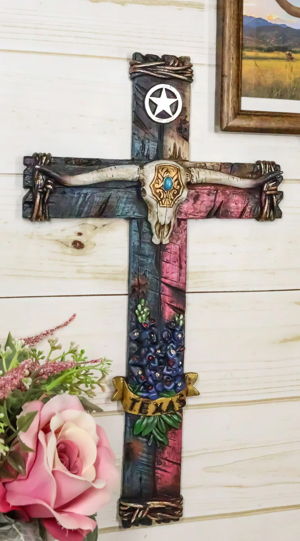Rustic Texas State Colors Bluebonnet Longhorn Skull And Western Star Wall Cross - Image 10