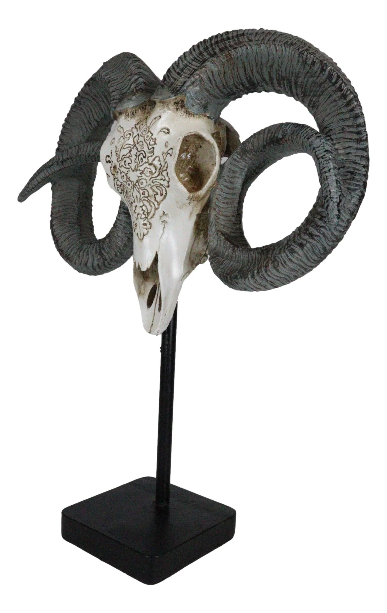 Rustic Tooled Floral Lace Dorset Horn Sheep Ram Skull Sculpture On Pole Display - Image 4