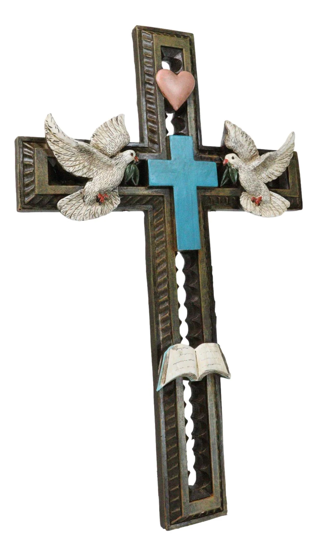 Rustic Turquoise Blue With Holy Bible White Doves Heart Faux Wooden Wall Cross - Image 7