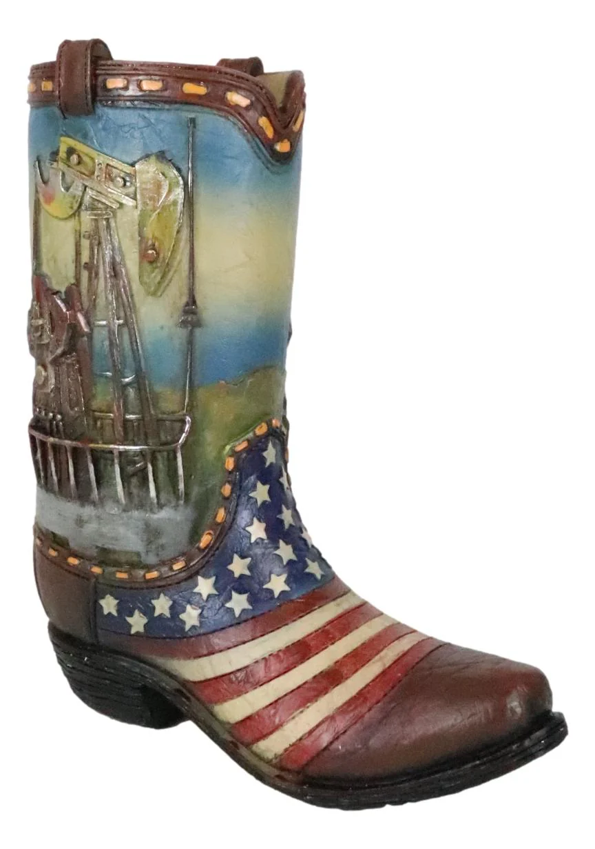 Rustic Western American USA Flag With Oil Derrick Cowboy Boot Money Piggy Bank - Image 5