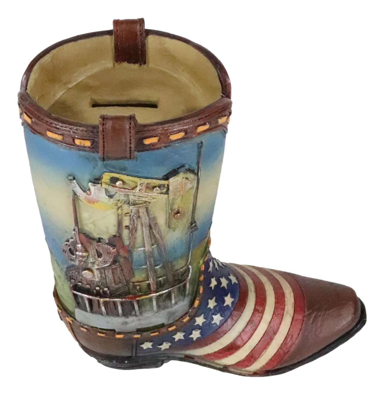 Rustic Western American USA Flag With Oil Derrick Cowboy Boot Money Piggy Bank - Image 6