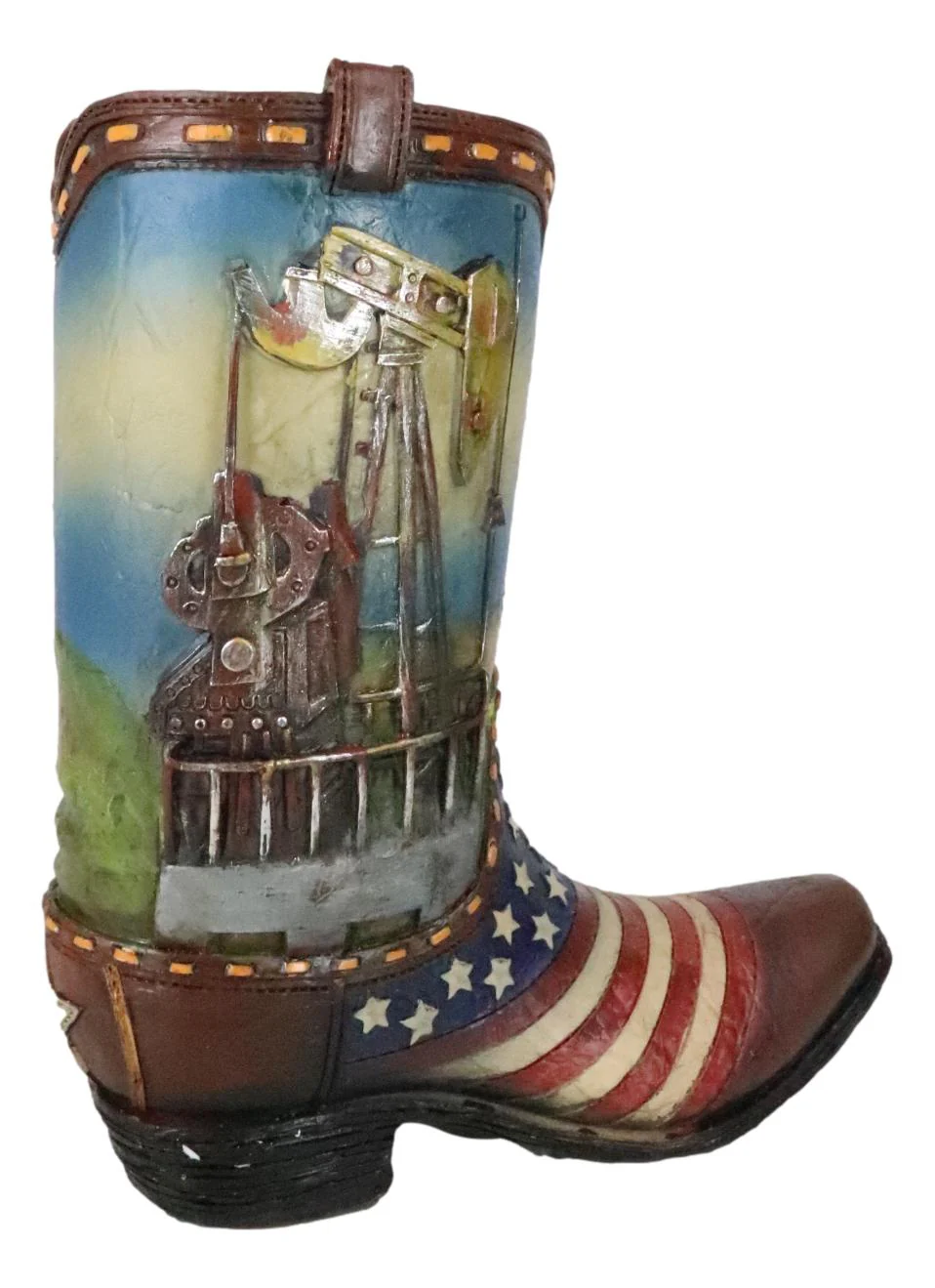 Rustic Western American USA Flag With Oil Derrick Cowboy Boot Money Piggy Bank - Image 7