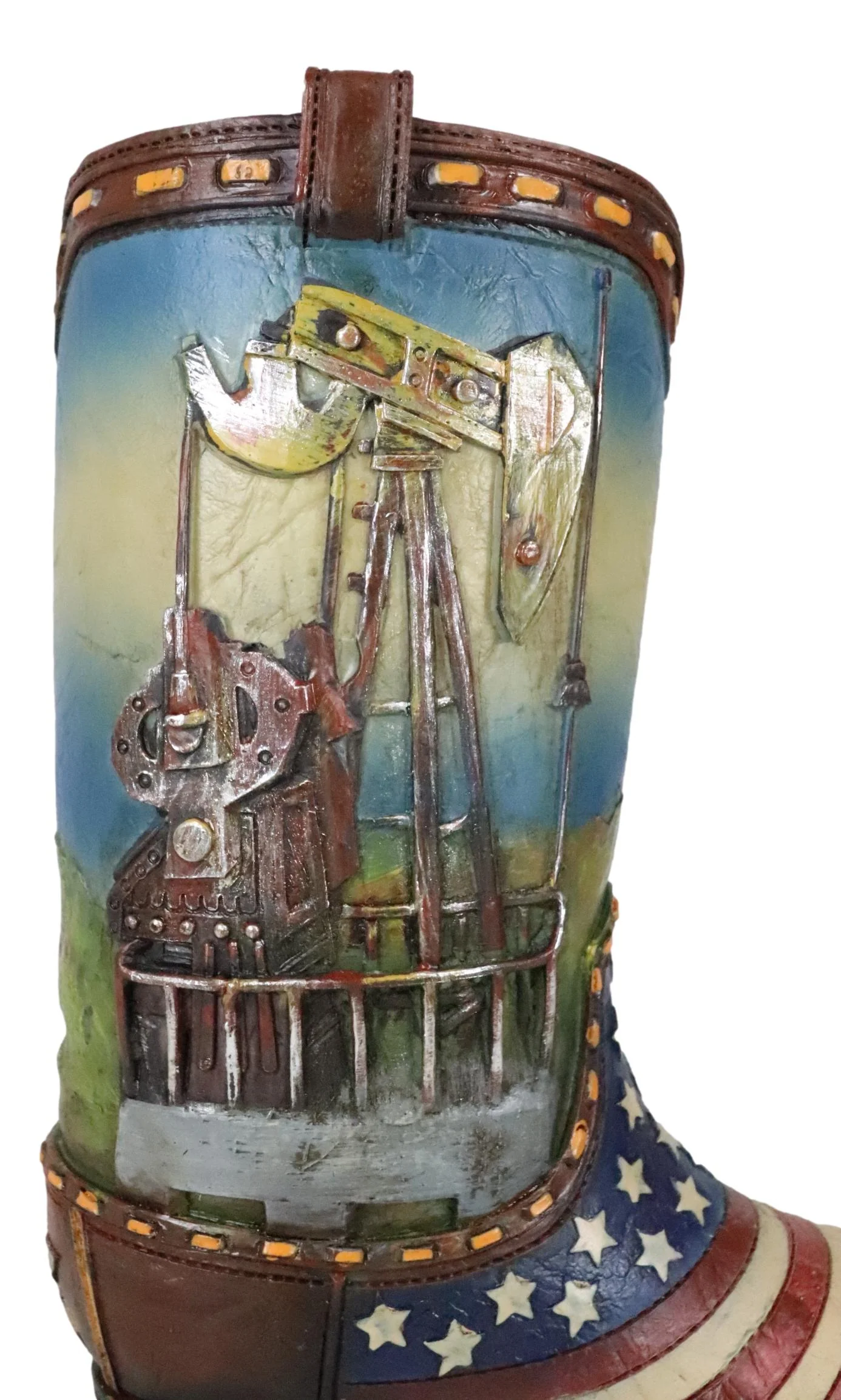 Rustic Western American USA Flag With Oil Derrick Cowboy Boot Money Piggy Bank - Image 8
