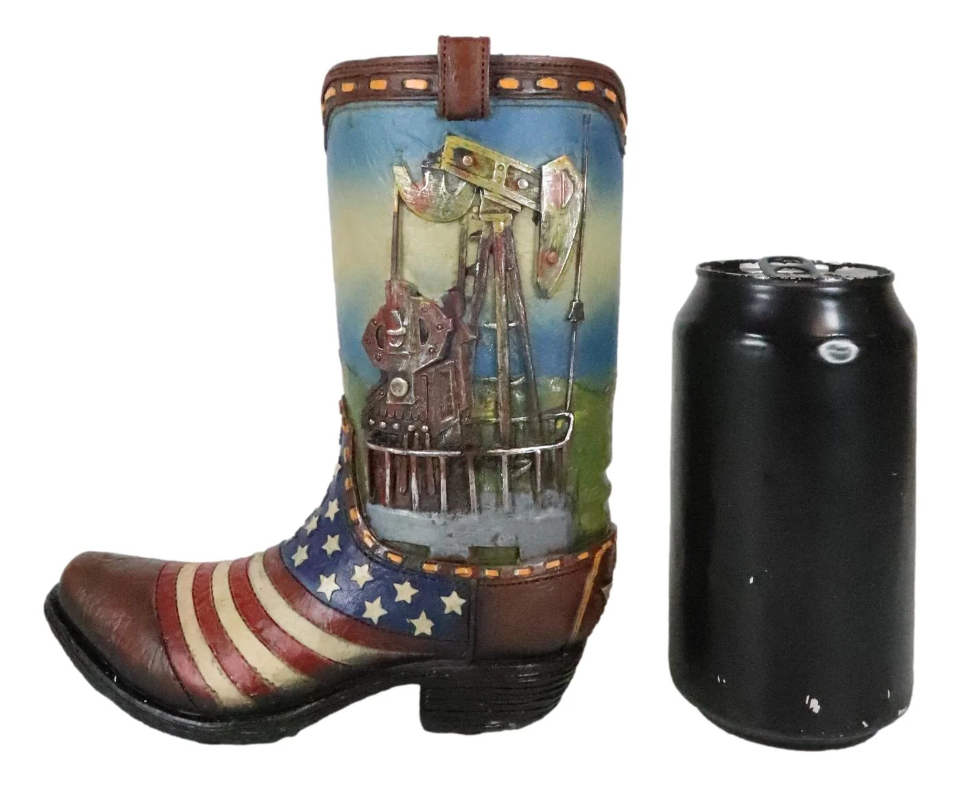 Rustic Western American USA Flag With Oil Derrick Cowboy Boot Money Piggy Bank - Image 9