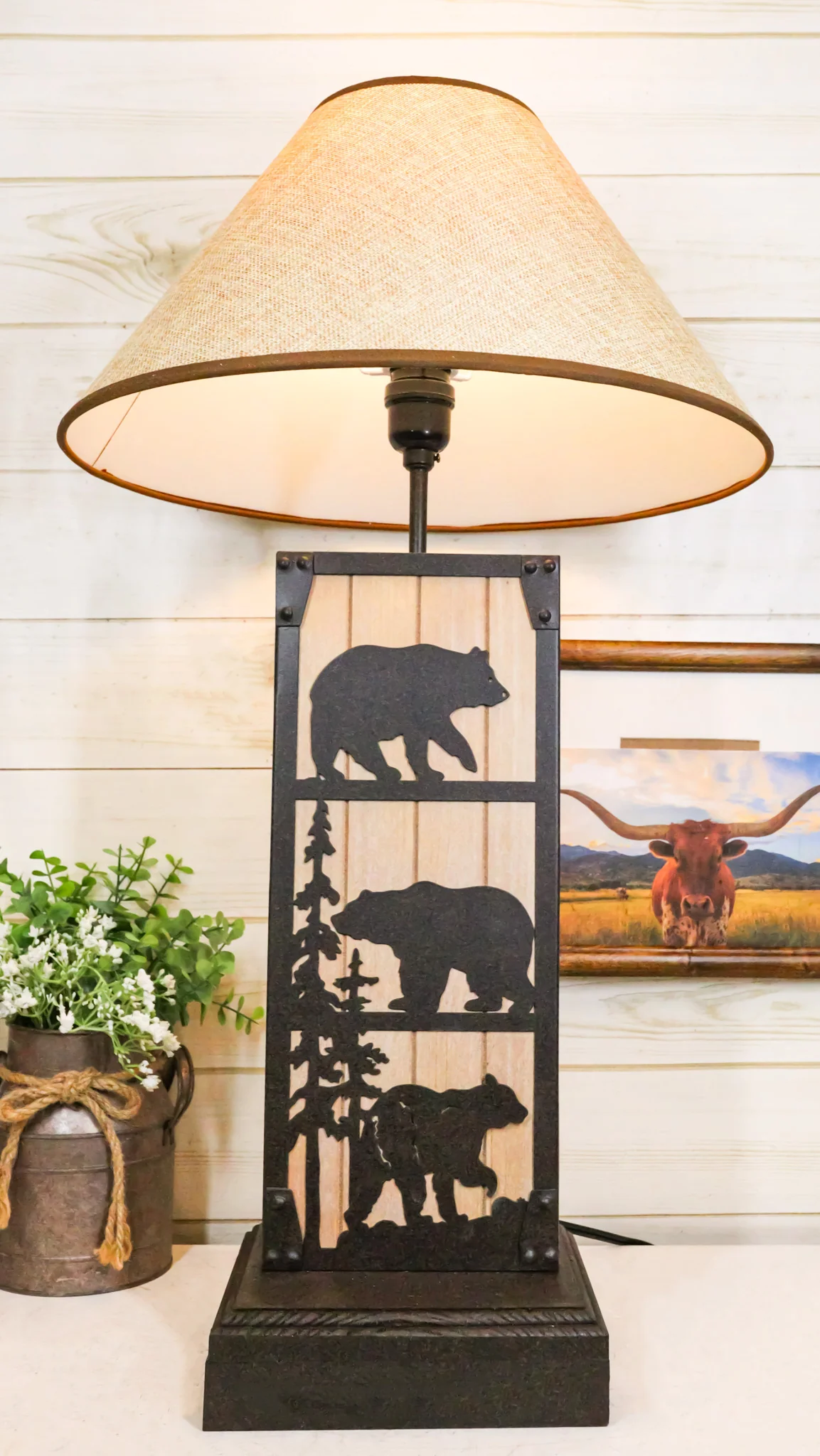 Rustic Western Black Bears In Forest Wood And Metal Bedside Desktop Table Lamp - Image 9