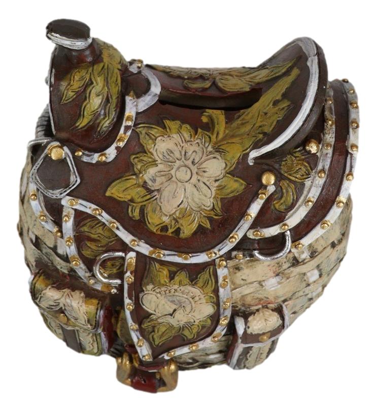 Rustic Western Brown Cowboy Horse Saddle Floral Wicker Design Coin Piggy Bank - Image 4