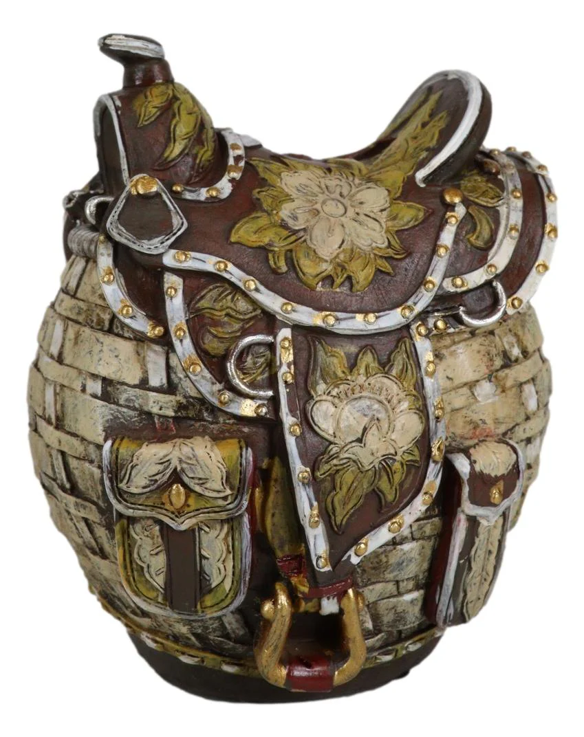 Rustic Western Brown Cowboy Horse Saddle Floral Wicker Design Coin Piggy Bank - Image 5