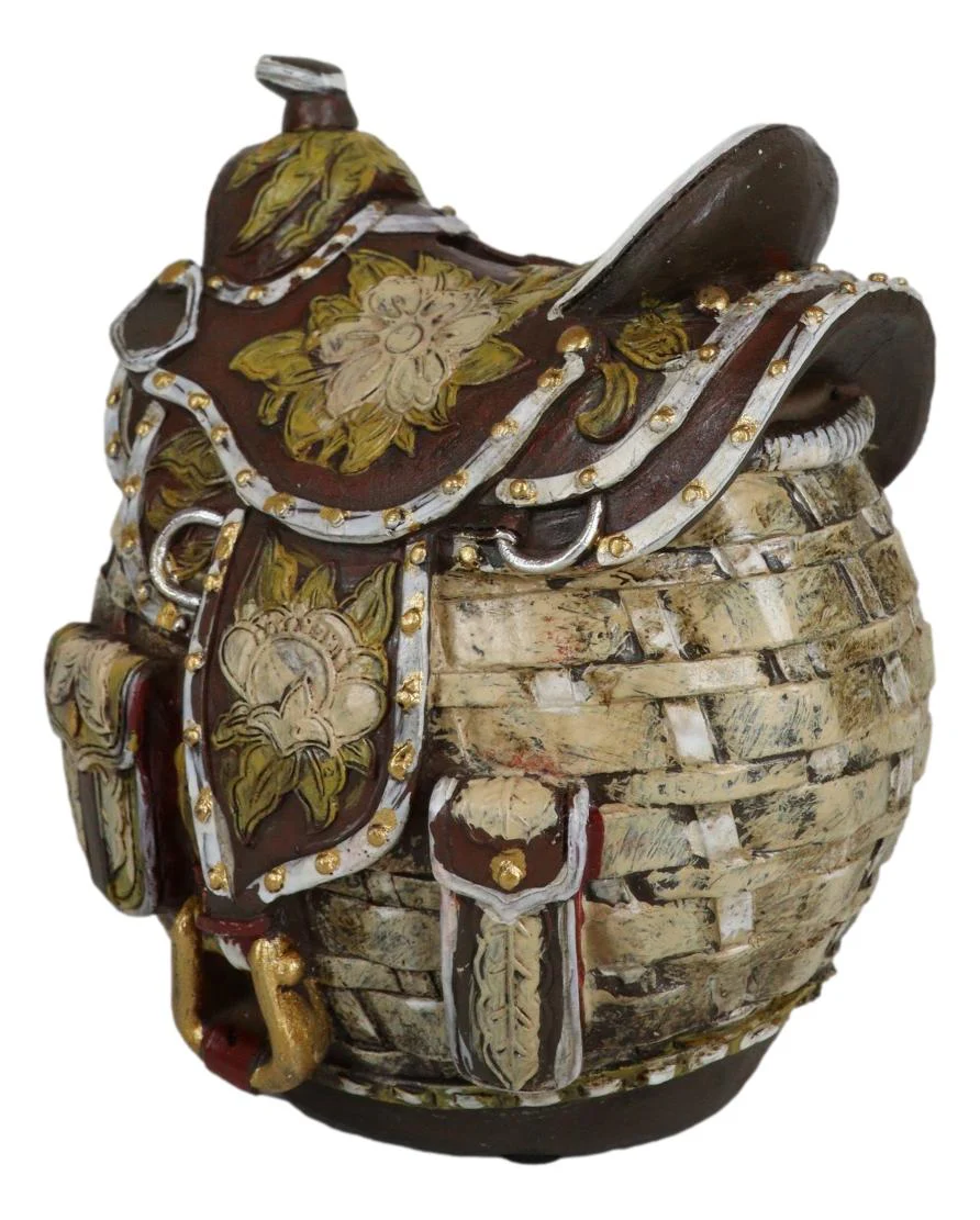 Rustic Western Brown Cowboy Horse Saddle Floral Wicker Design Coin Piggy Bank - Image 6
