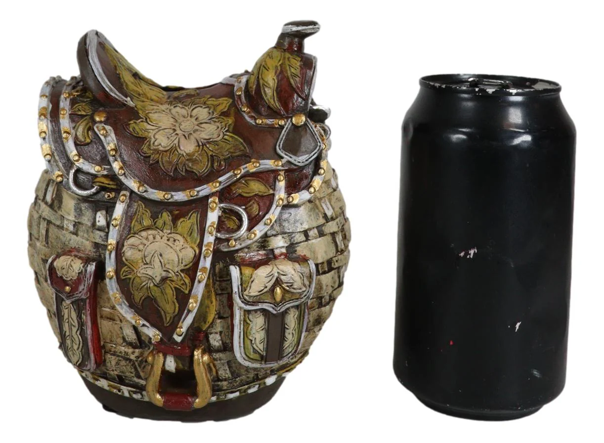 Rustic Western Brown Cowboy Horse Saddle Floral Wicker Design Coin Piggy Bank - Image 7