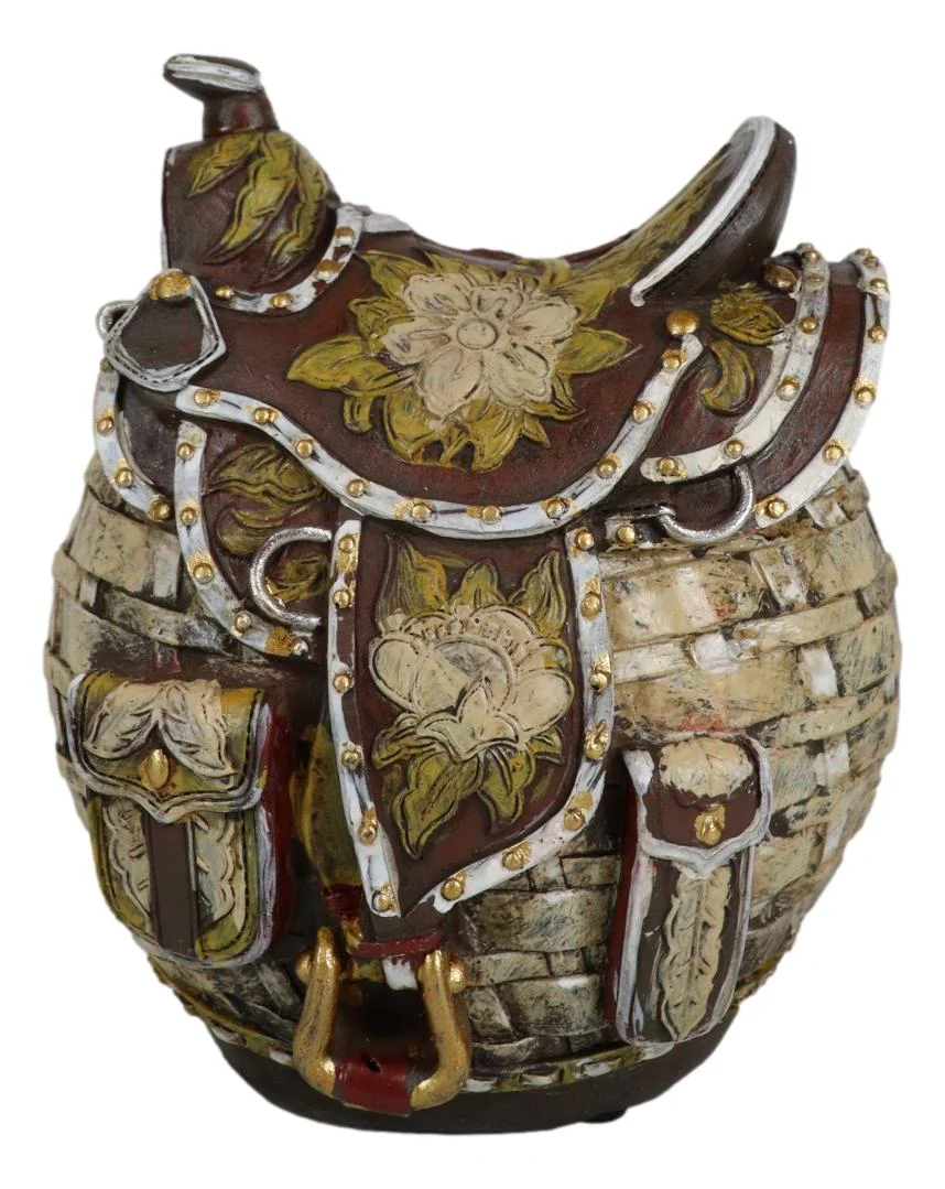 Rustic Western Brown Cowboy Horse Saddle Floral Wicker Design Coin Piggy Bank - Image 8