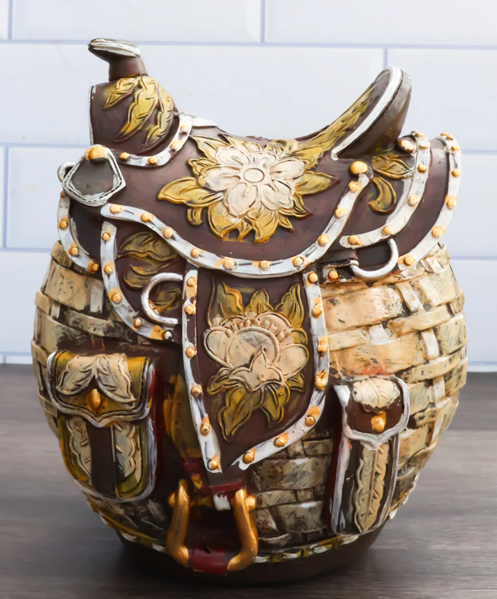 Rustic Western Brown Cowboy Horse Saddle Floral Wicker Design Coin Piggy Bank - Image 9