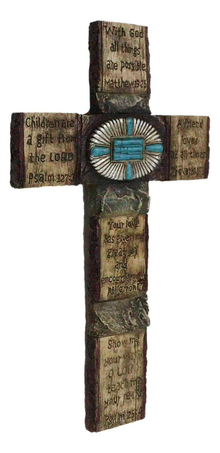 Rustic Western Christian Bible Verses Scriptures Turquoise Stones Wall Cross - Image 3