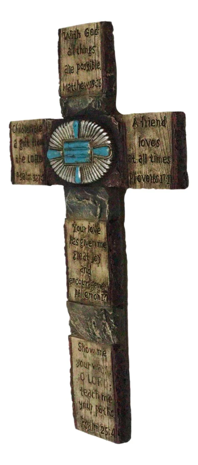 Rustic Western Christian Bible Verses Scriptures Turquoise Stones Wall Cross - Image 4