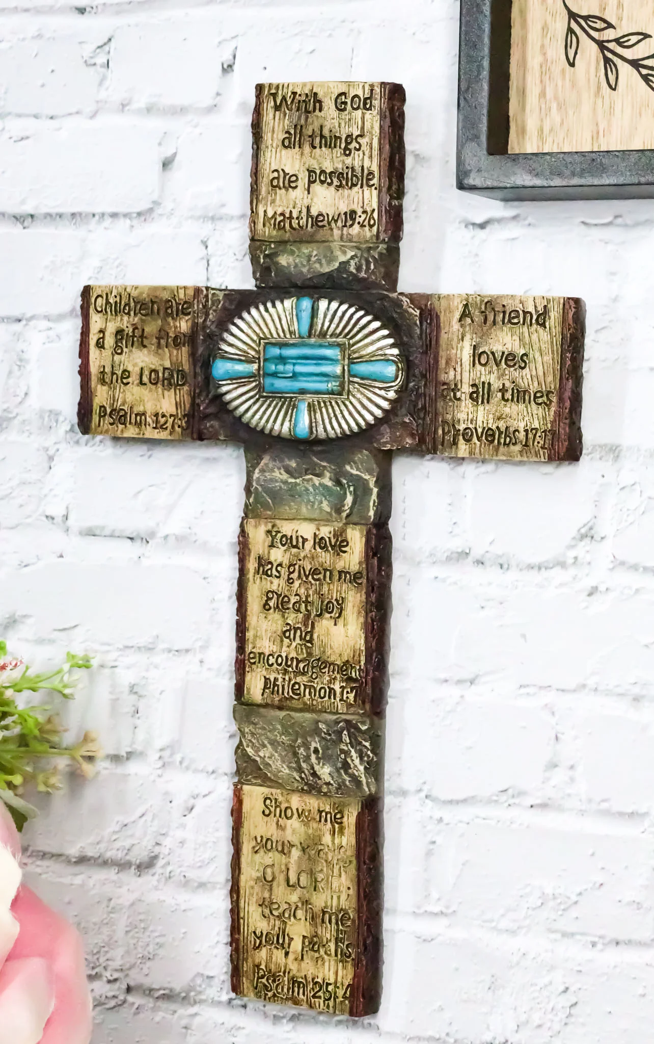 Rustic Western Christian Bible Verses Scriptures Turquoise Stones Wall Cross - Image 7