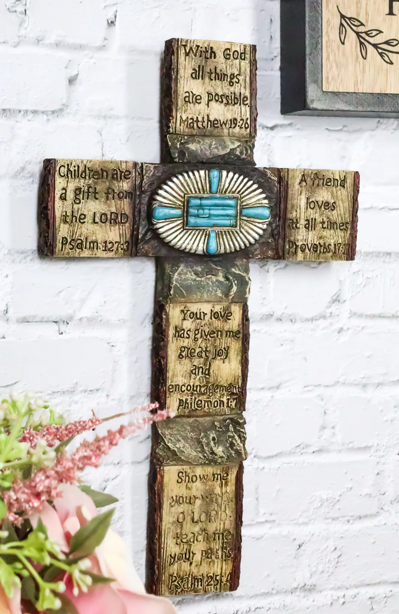 Rustic Western Christian Bible Verses Scriptures Turquoise Stones Wall Cross - Image 9