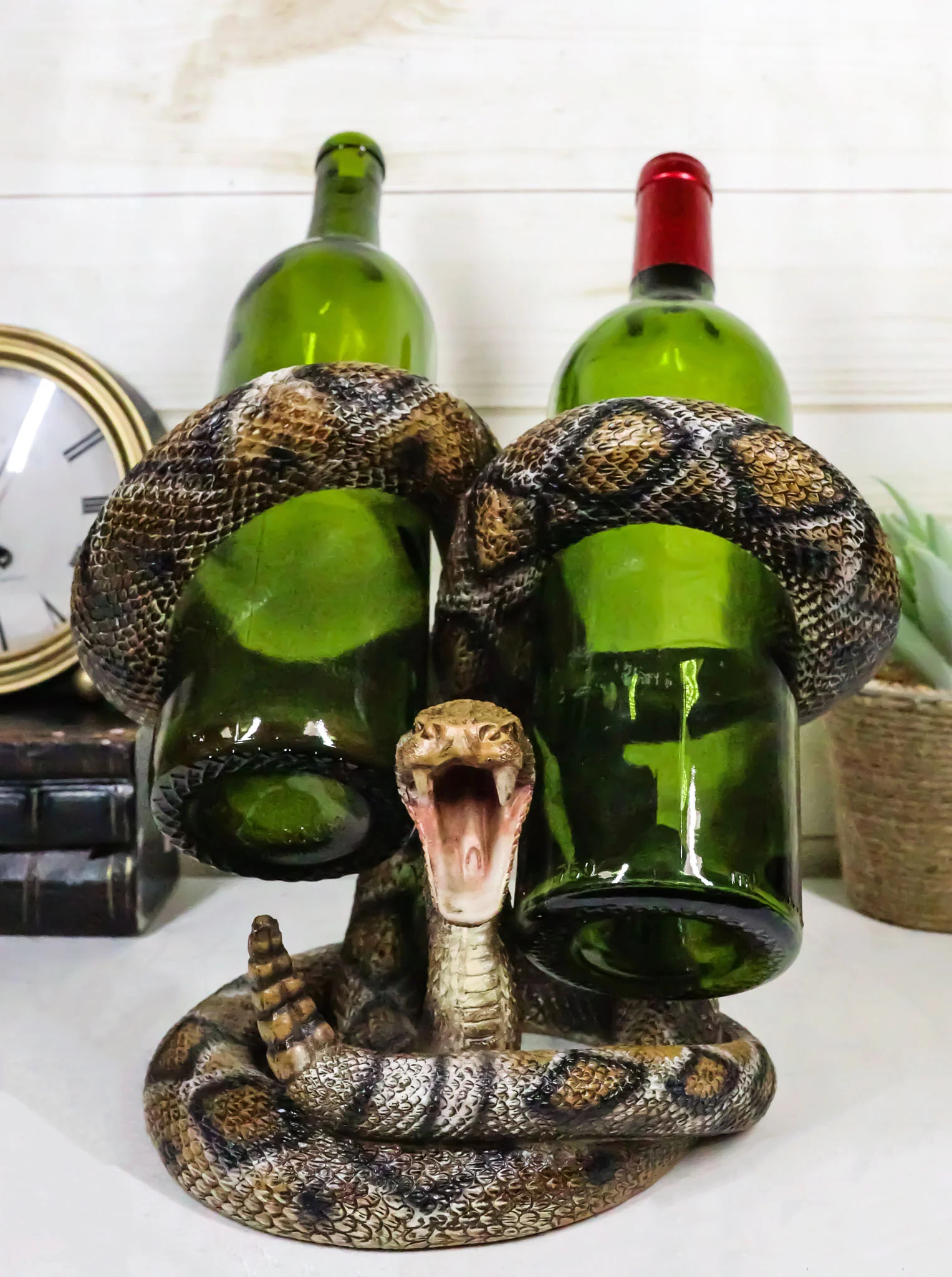 Rustic Western Coiled Diamondback Rattlesnake Snake Double Wine Bottles Holder - Image 7