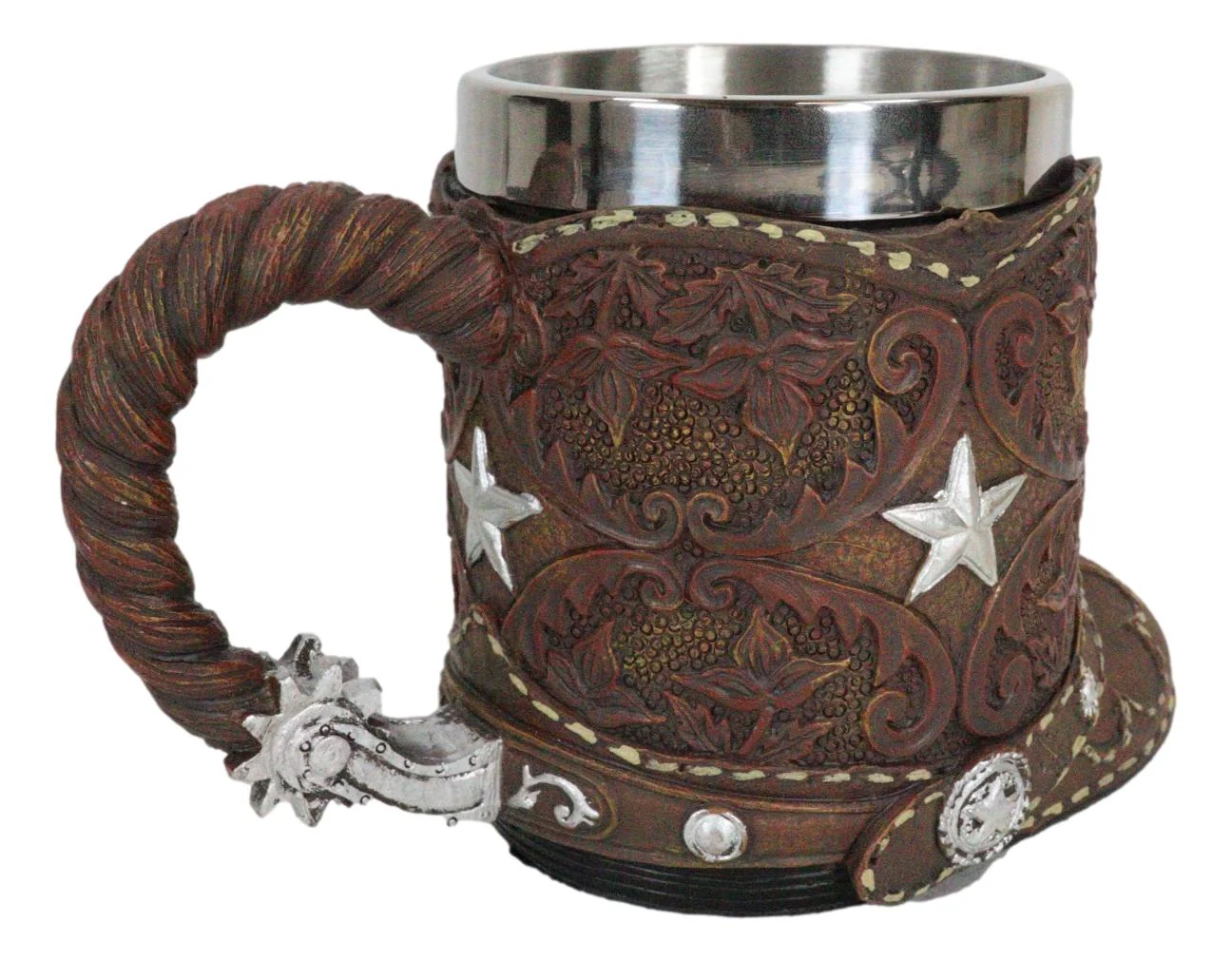 Rustic Western Cowboy Boot W/ Lone Star And Spur Faux Tooled Leather Coffee Mug - Image 2