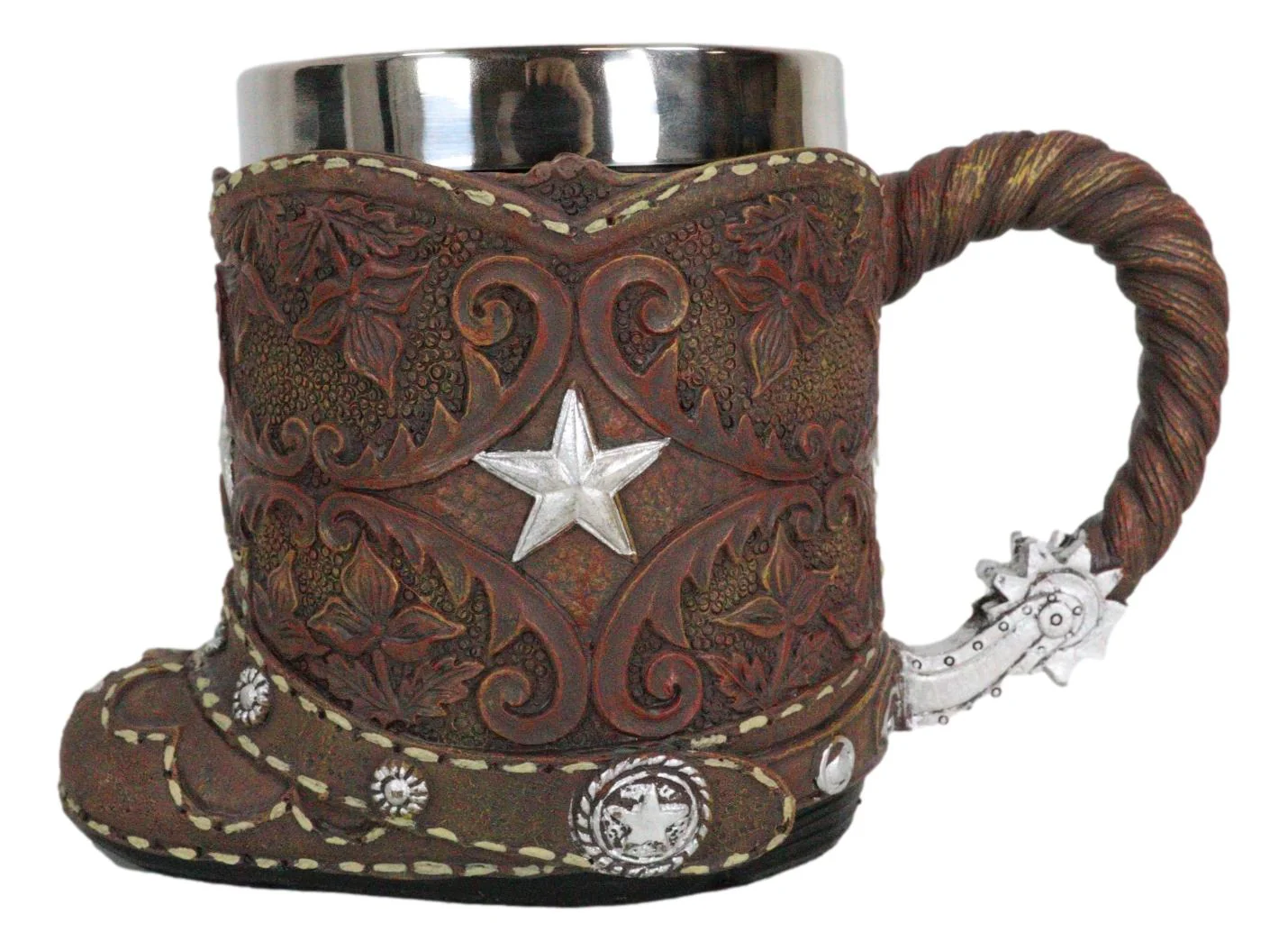 Rustic Western Cowboy Boot W/ Lone Star And Spur Faux Tooled Leather Coffee Mug - Image 3