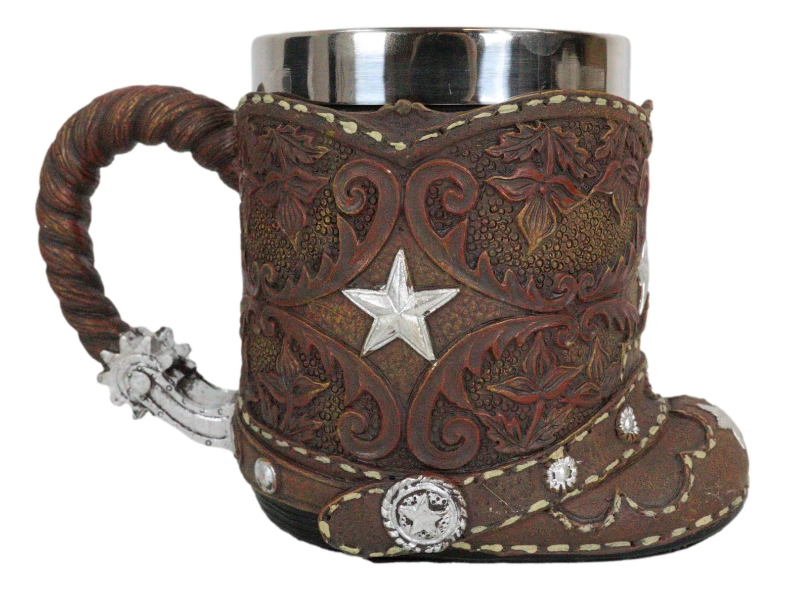 Rustic Western Cowboy Boot W/ Lone Star And Spur Faux Tooled Leather Coffee Mug - Image 4