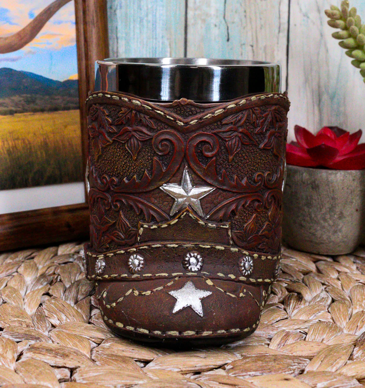 Rustic Western Cowboy Boot W/ Lone Star And Spur Faux Tooled Leather Coffee Mug - Image 7