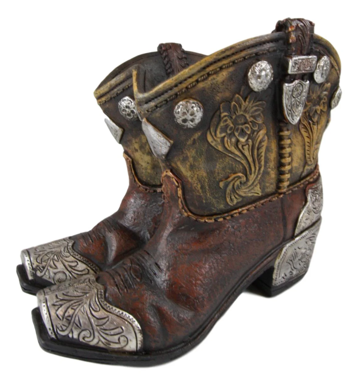 Ebros Rustic Western Cowboy Cowgirl Gold Tone Floral Boots Decorative Vase Pen Holder - Image 2