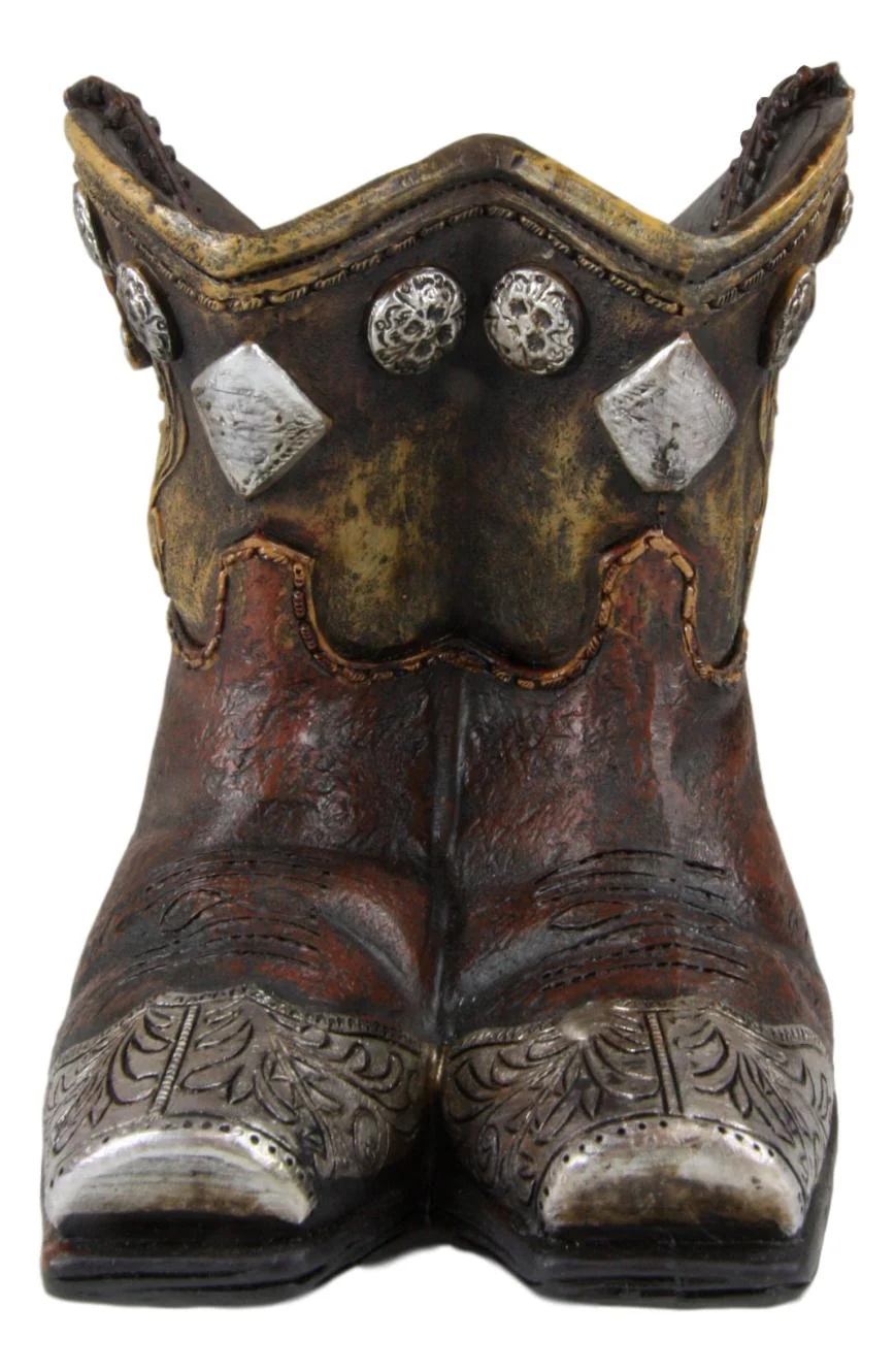Ebros Rustic Western Cowboy Cowgirl Gold Tone Floral Boots Decorative Vase Pen Holder - Image 3