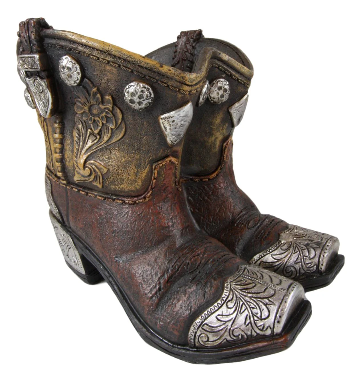 Ebros Rustic Western Cowboy Cowgirl Gold Tone Floral Boots Decorative Vase Pen Holder - Image 4