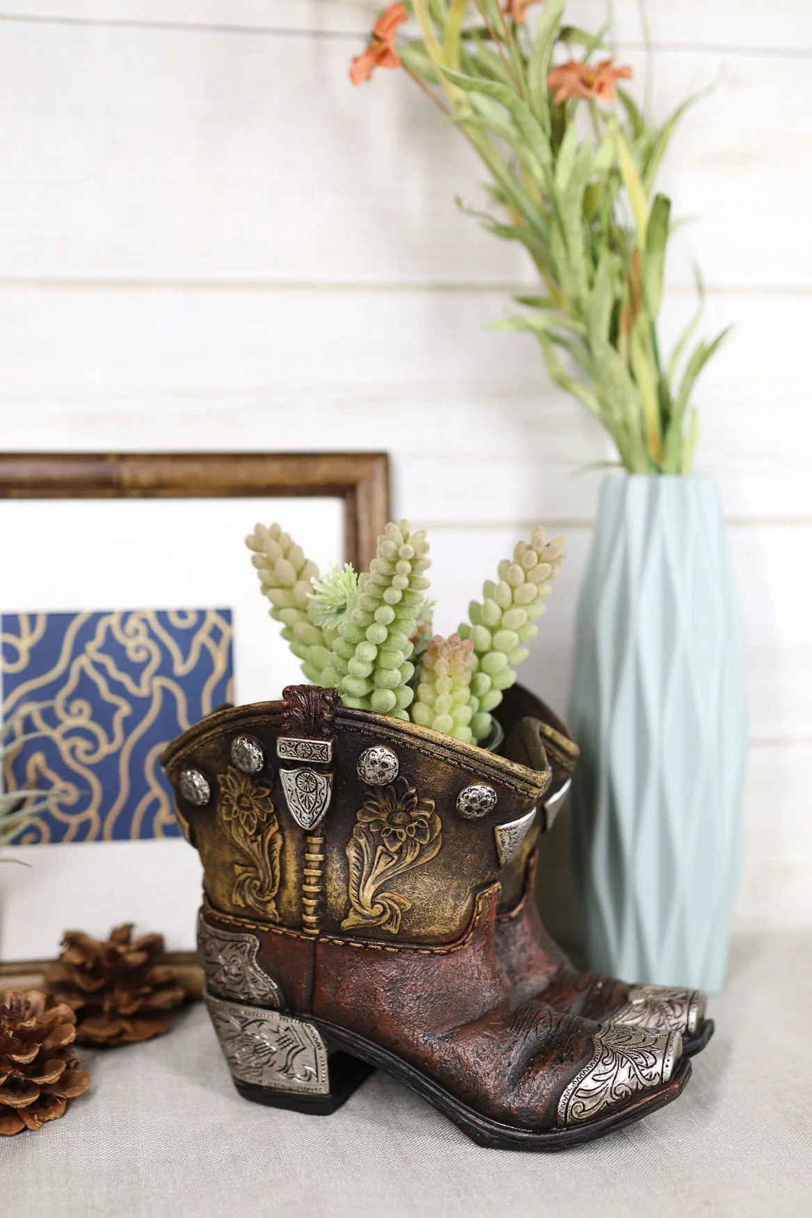 Ebros Rustic Western Cowboy Cowgirl Gold Tone Floral Boots Decorative Vase Pen Holder - Image 7