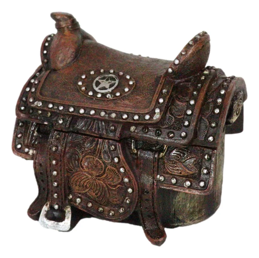 Rustic Western Cowboy Horse Saddle Lone Star Silver Studs Decorative Trinket Box - Image 3