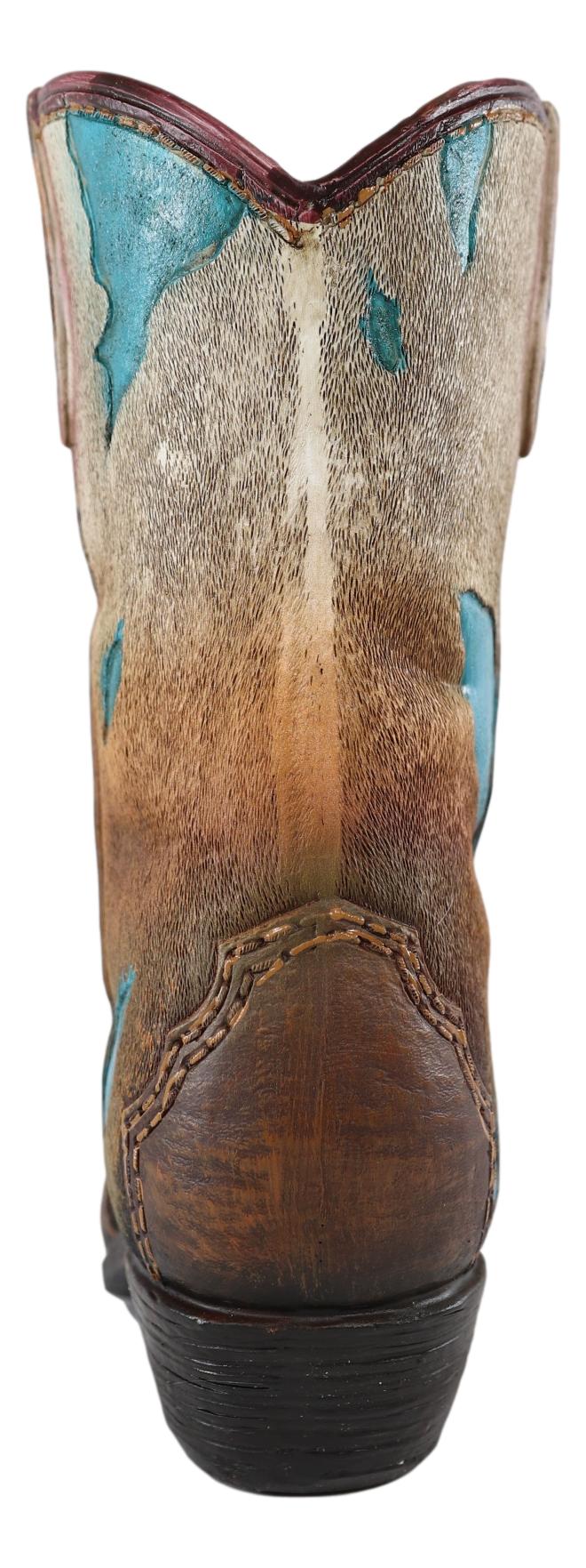Rustic Western Cowboy Turquoise Cowhide Pattern Boot Flower Vase Planter Decor - Image 2