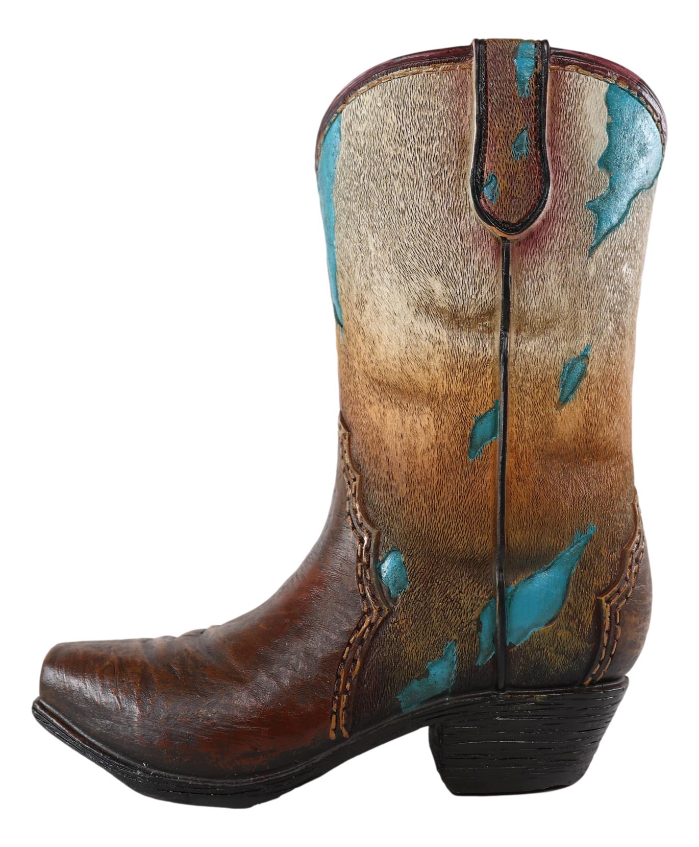 Rustic Western Cowboy Turquoise Cowhide Pattern Boot Flower Vase Planter Decor - Image 3
