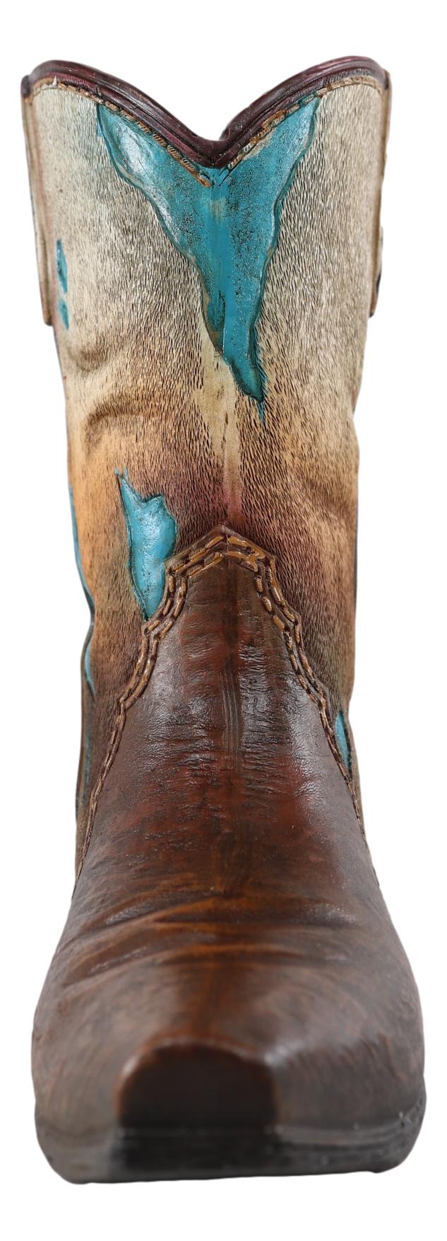 Rustic Western Cowboy Turquoise Cowhide Pattern Boot Flower Vase Planter Decor - Image 4