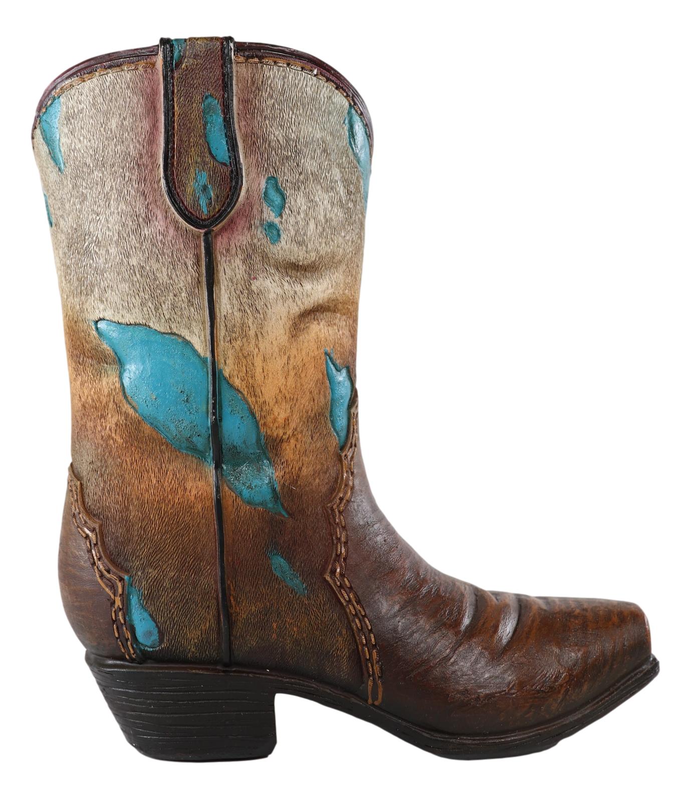 Rustic Western Cowboy Turquoise Cowhide Pattern Boot Flower Vase Planter Decor - Image 5