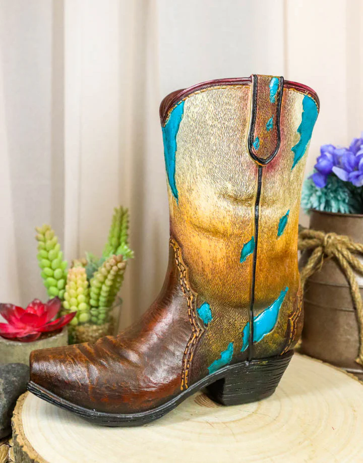 Rustic Western Cowboy Turquoise Cowhide Pattern Boot Flower Vase Planter Decor - Image 7