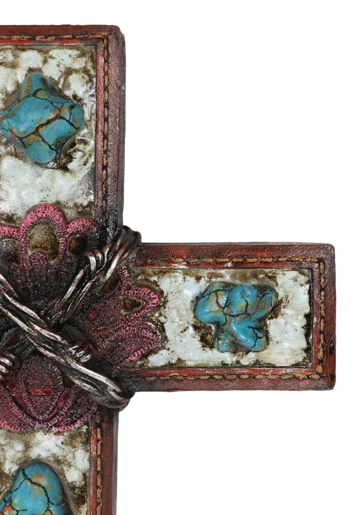 Rustic Western Crackled Turquoise Stones On White Rocks Barbed Wires Wall Cross - Image 3