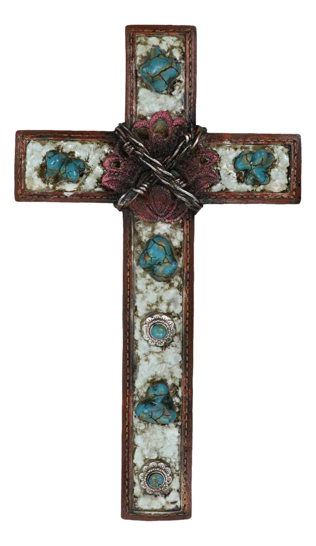 Rustic Western Crackled Turquoise Stones On White Rocks Barbed Wires Wall Cross - Image 4