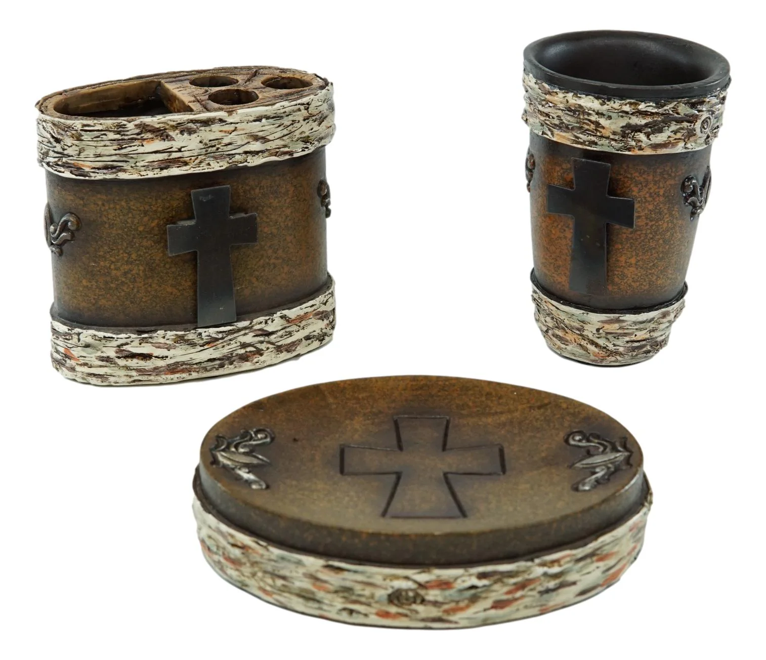 Rustic Western Cross With Birchwood Accent Soap Dish Toothbrush Holder Cup Set - Image 2