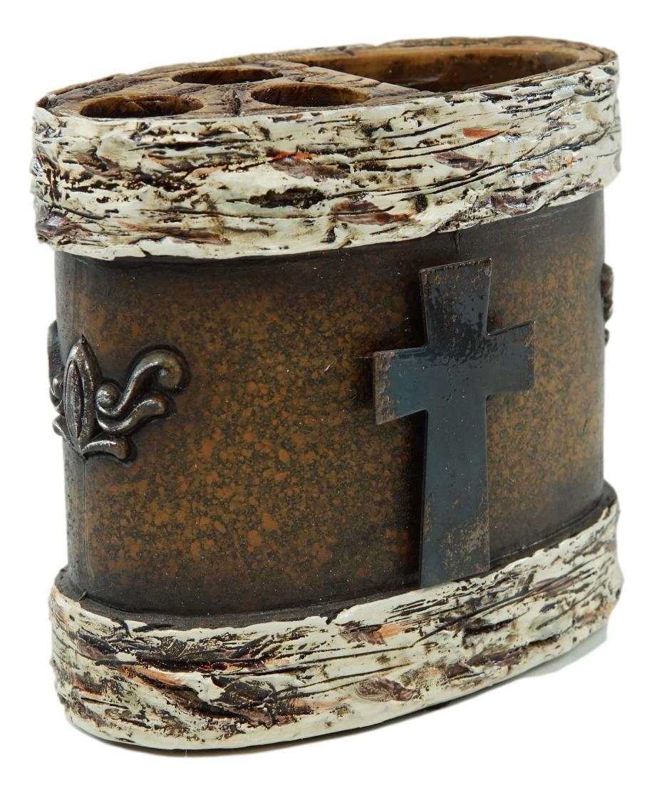 Rustic Western Cross With Birchwood Accent Soap Dish Toothbrush Holder Cup Set - Image 5