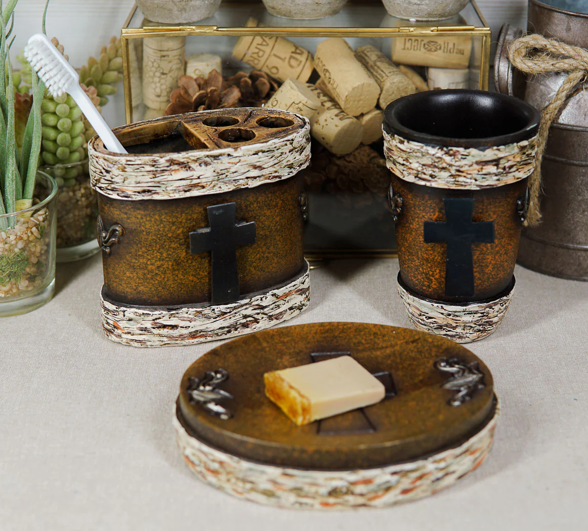 Rustic Western Cross With Birchwood Accent Soap Dish Toothbrush Holder Cup Set - Image 9