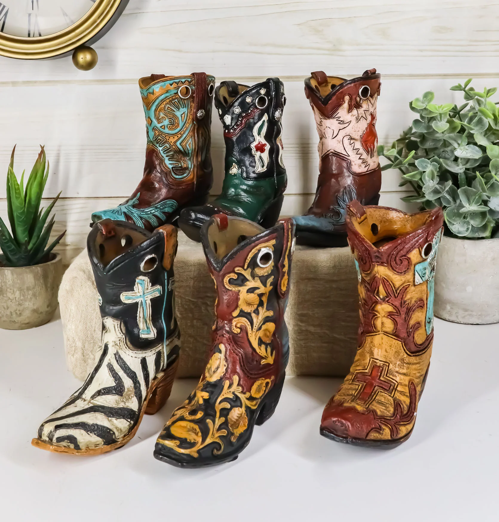Rustic Western Crosses Tooled Leather Finish Mini Cowboy Boots Figurine Set Of 6 - Image 2