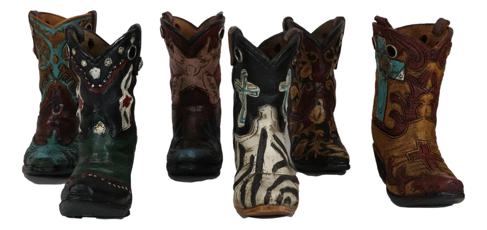 Rustic Western Crosses Tooled Leather Finish Mini Cowboy Boots Figurine Set Of 6 - Image 3
