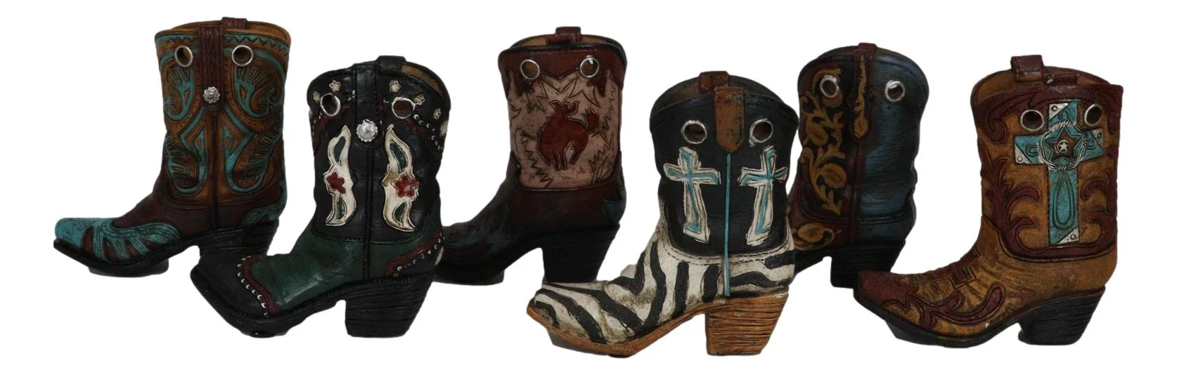 Rustic Western Crosses Tooled Leather Finish Mini Cowboy Boots Figurine Set Of 6 - Image 4
