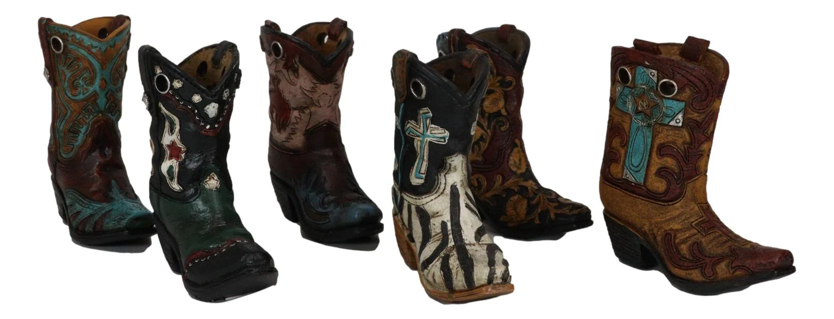 Rustic Western Crosses Tooled Leather Finish Mini Cowboy Boots Figurine Set Of 6 - Image 5