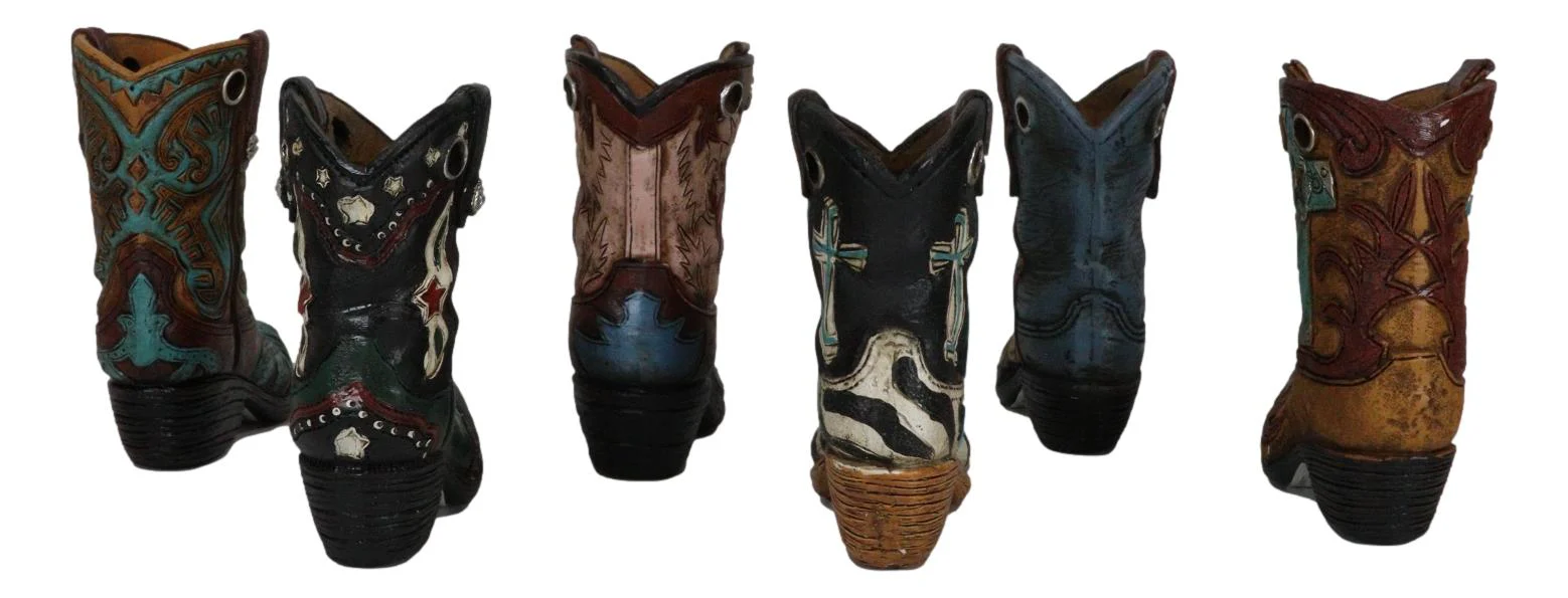 Rustic Western Crosses Tooled Leather Finish Mini Cowboy Boots Figurine Set Of 6 - Image 7